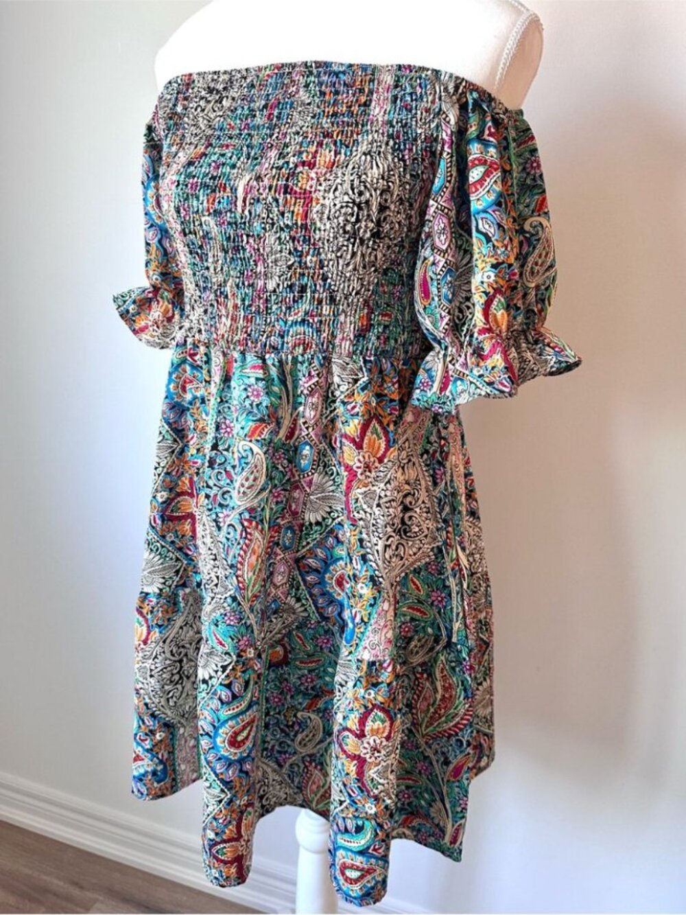 Bohemian Paisley Puff Sleeve Multi-Colour Summer Smocked Mini Dress - L - Picture 7 of 13